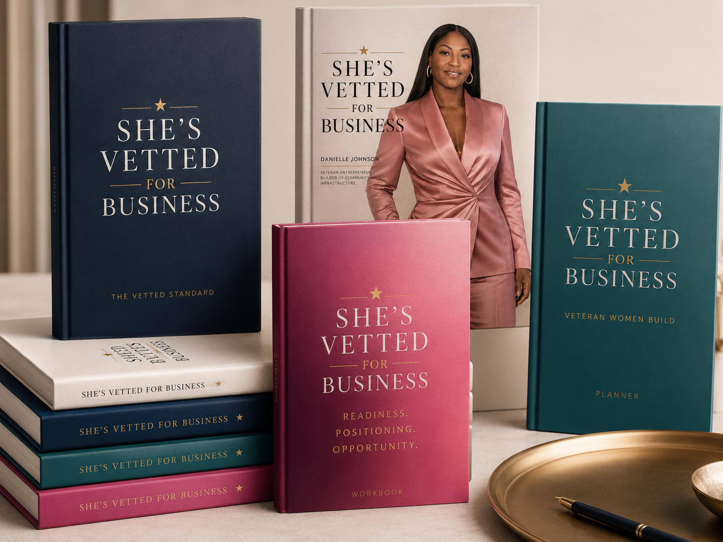 She's Vetted branded curriculum suite: navy, teal, and rose hardcover workbooks with gold foil