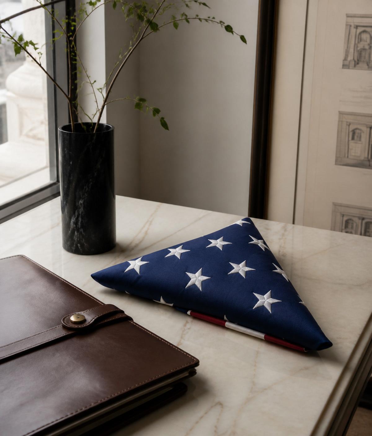 Folded American flag on marble beside a leather portfolio