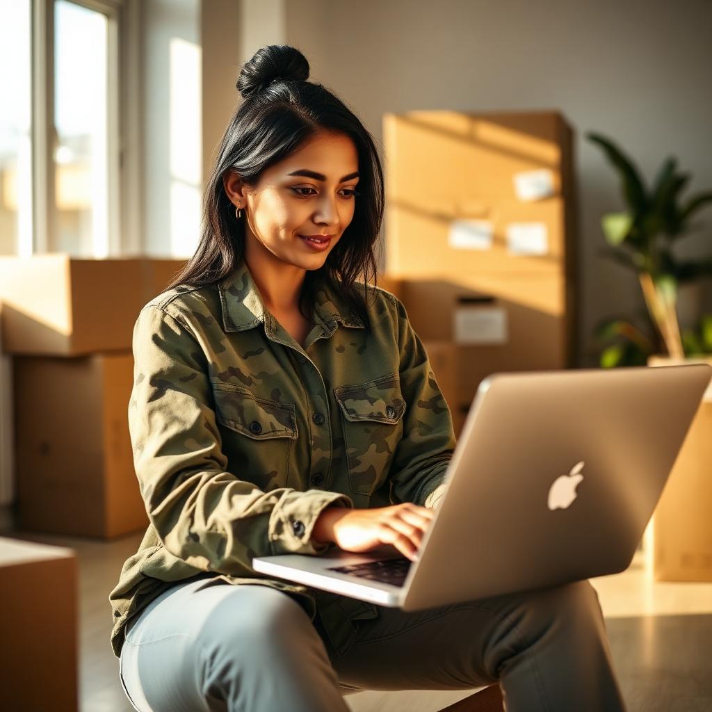 Military spouse working on a laptop amid moving boxes